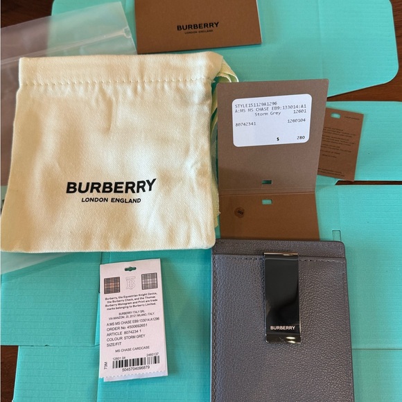NWT Authentic Burberry Men’s MS Chase Storm Grey Leather Card Holder Money Clip - Picture 2 of 4
